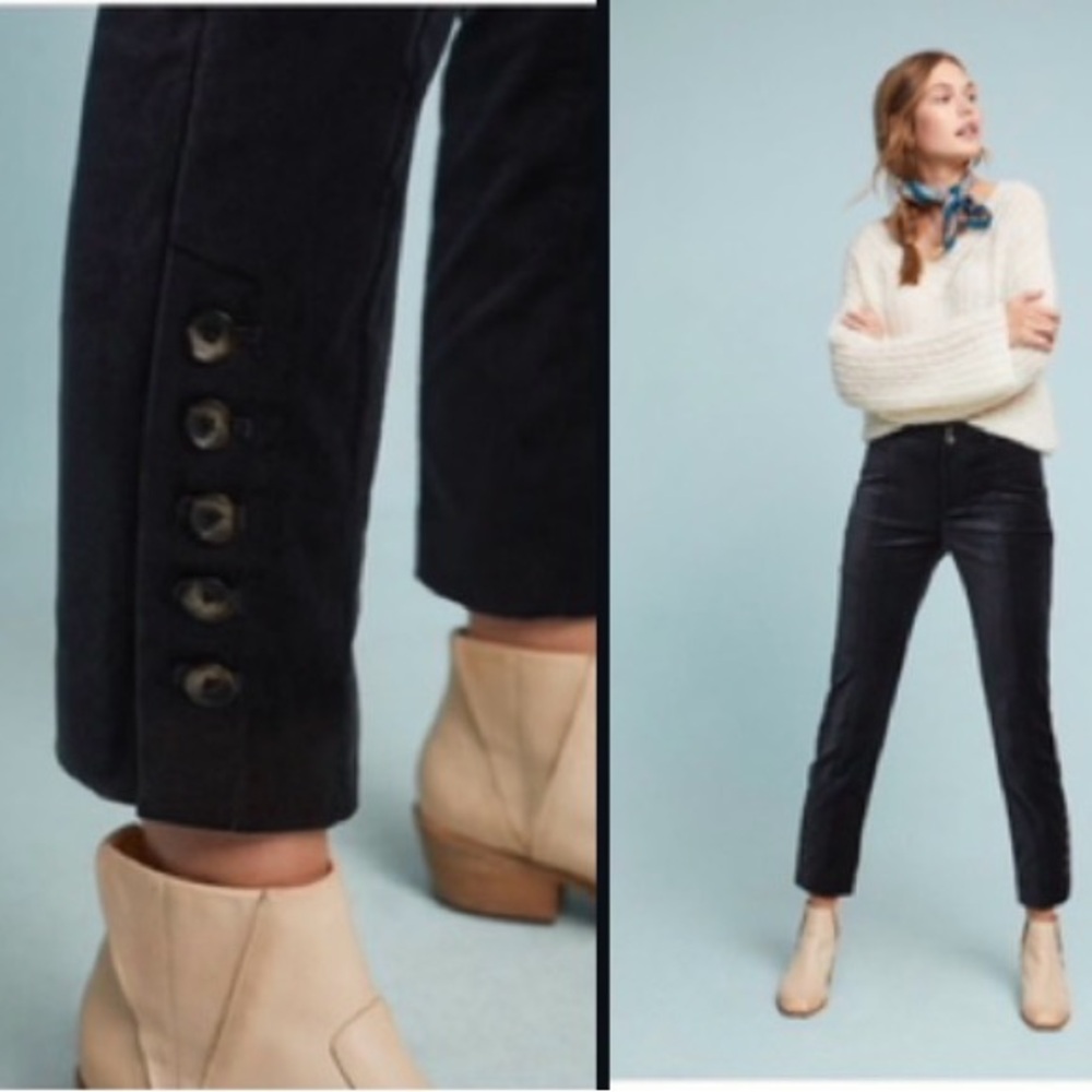NEW The‎ Essential by Anthropologie Black Velvet Slim Trousers Pants Button Leg